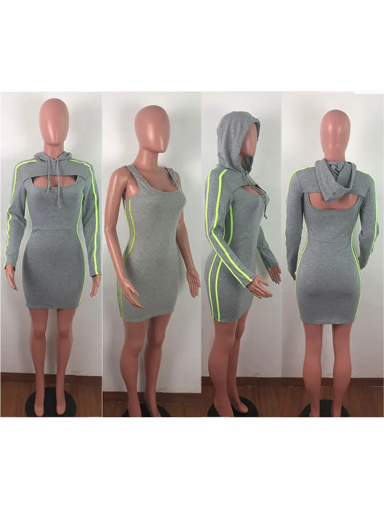 2 Pieces Hooded Cut Out Bodycon Mini Dresses