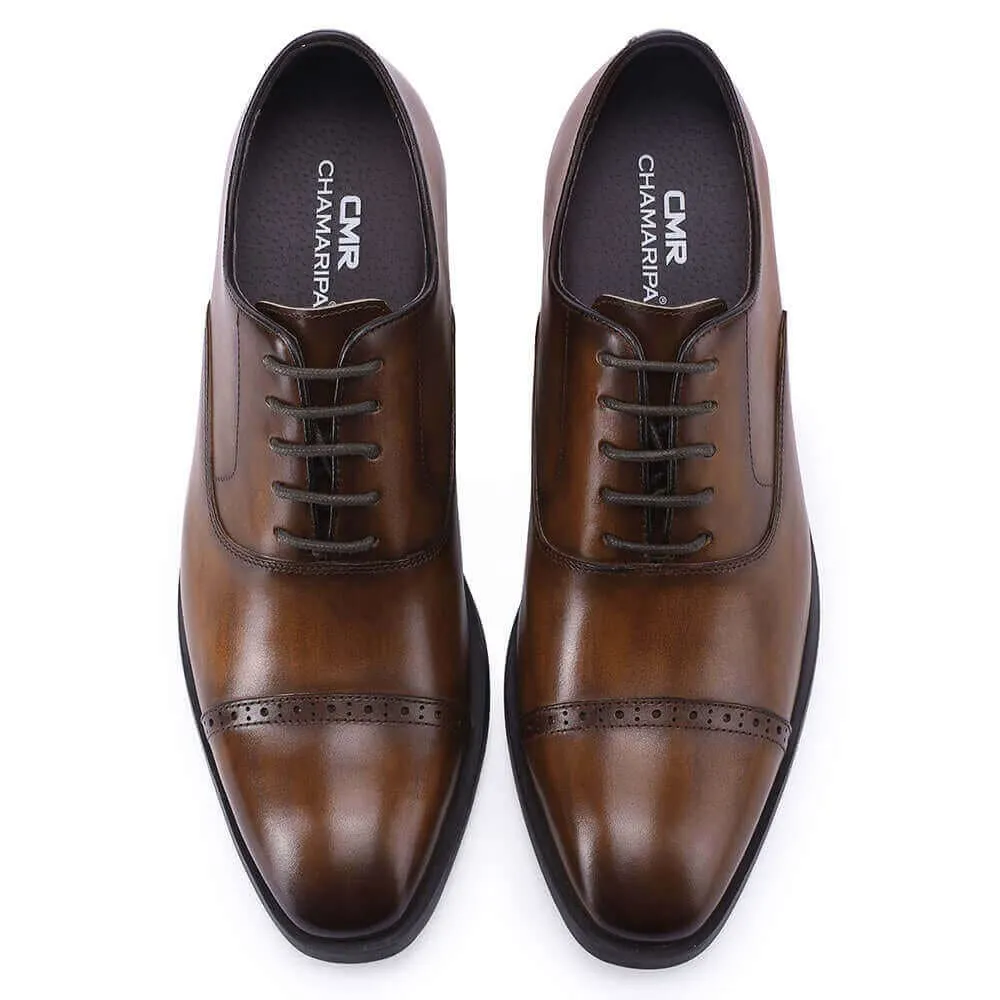 7CM / 2.76 Inches Taller - CMR CHAMARIPA Elevator Derby Shoes For Men - Brown Leather Dress Shoes