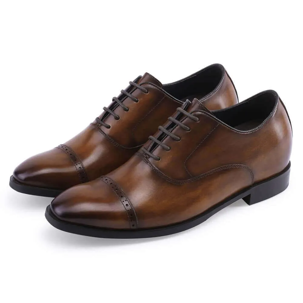 7CM / 2.76 Inches Taller - CMR CHAMARIPA Elevator Derby Shoes For Men - Brown Leather Dress Shoes