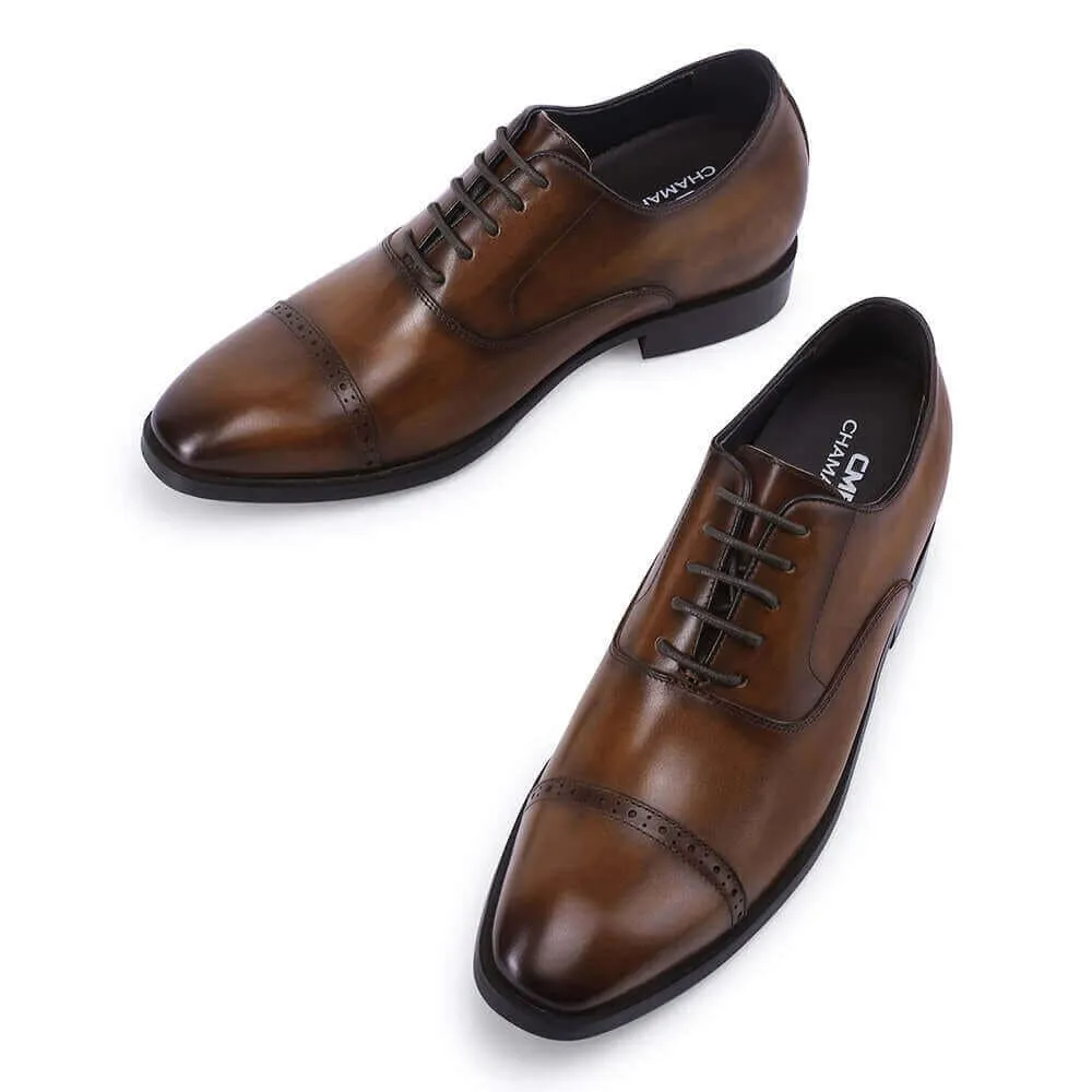 7CM / 2.76 Inches Taller - CMR CHAMARIPA Elevator Derby Shoes For Men - Brown Leather Dress Shoes