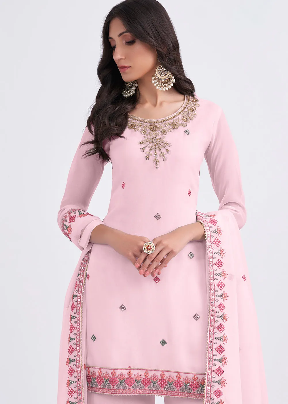 Baby Pink Designer Georgette Embroidered Suit By Qivii