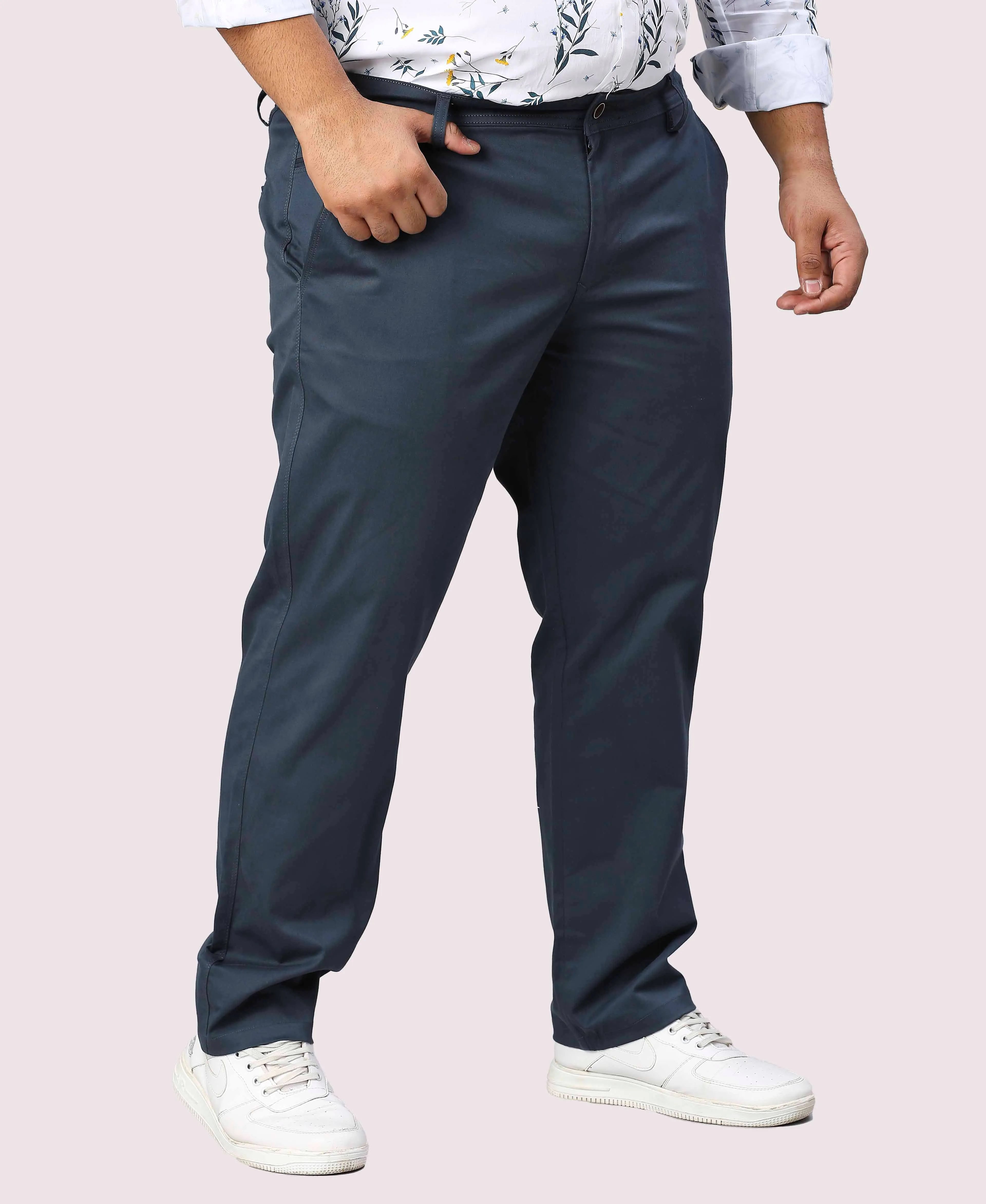 Blue Solid Cotton Trouser Men's Plus Size