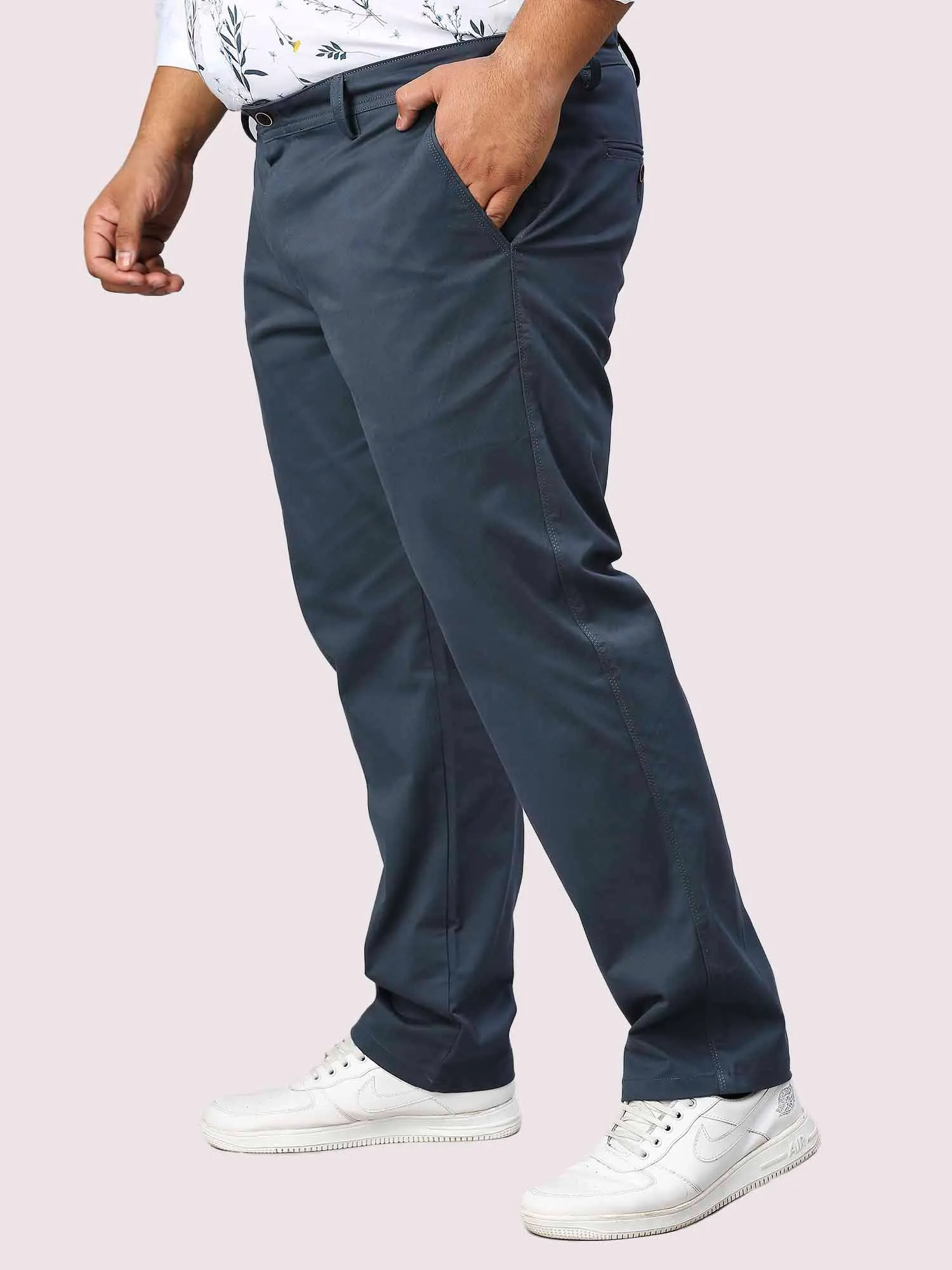 Blue Solid Cotton Trouser Men's Plus Size