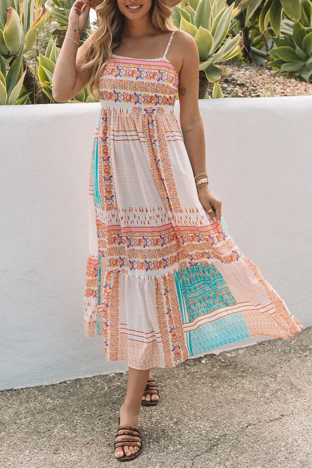 Bohemian Patchwork Print Maxi Sundress with Spaghetti Straps