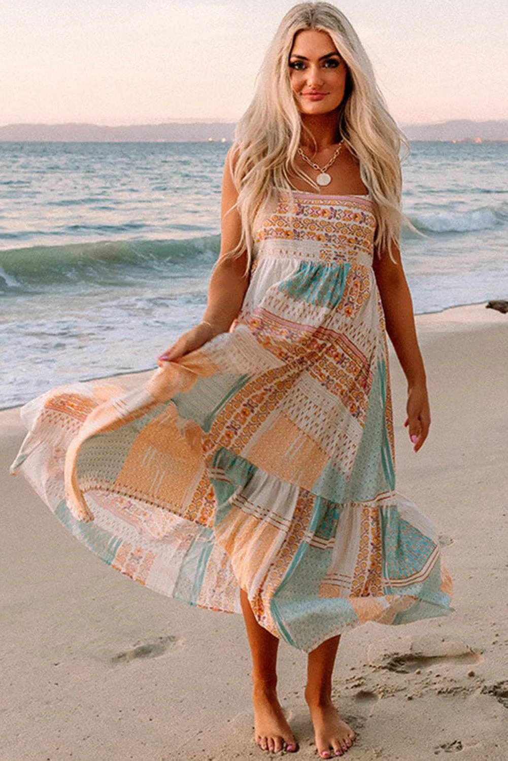 Bohemian Patchwork Print Maxi Sundress with Spaghetti Straps