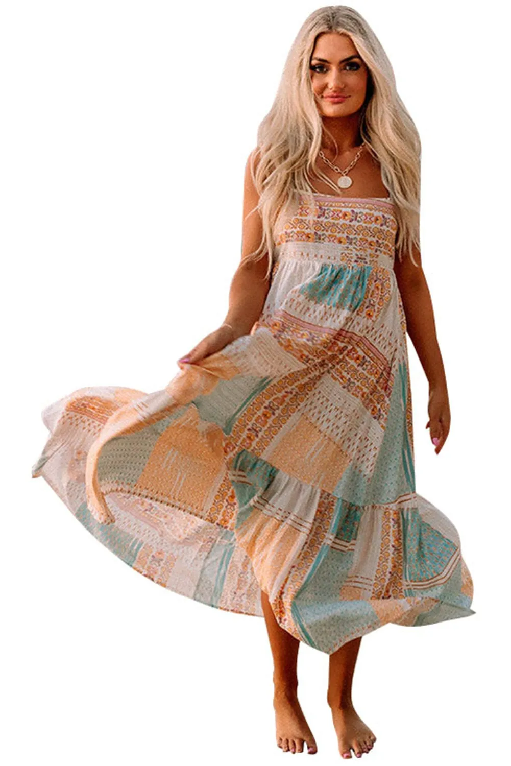 Bohemian Patchwork Print Maxi Sundress with Spaghetti Straps