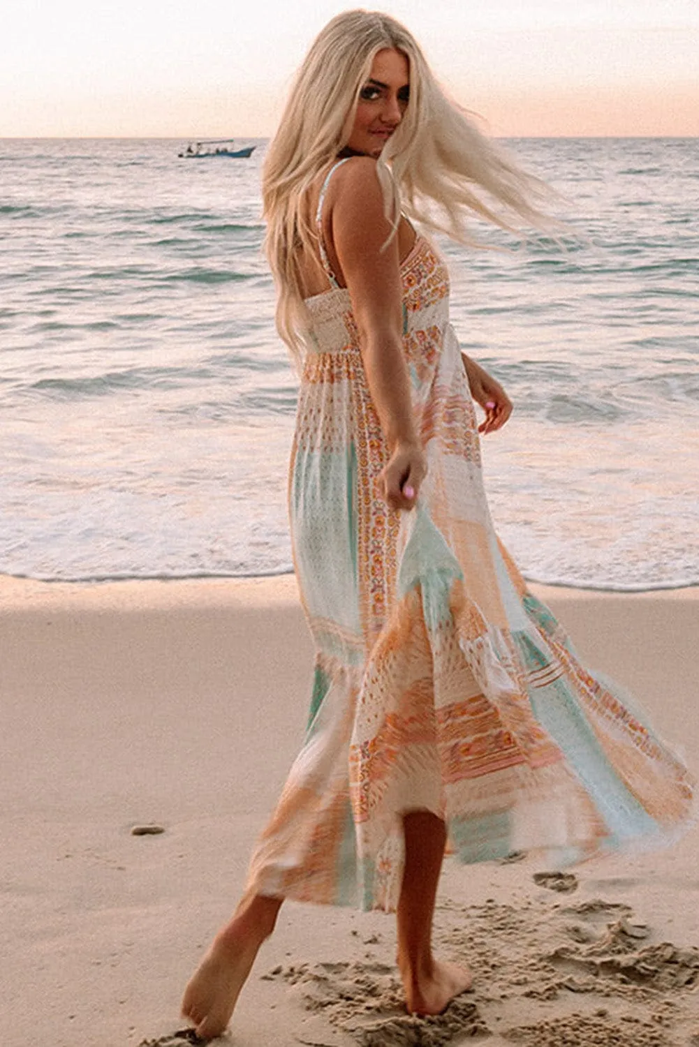 Bohemian Patchwork Print Maxi Sundress with Spaghetti Straps