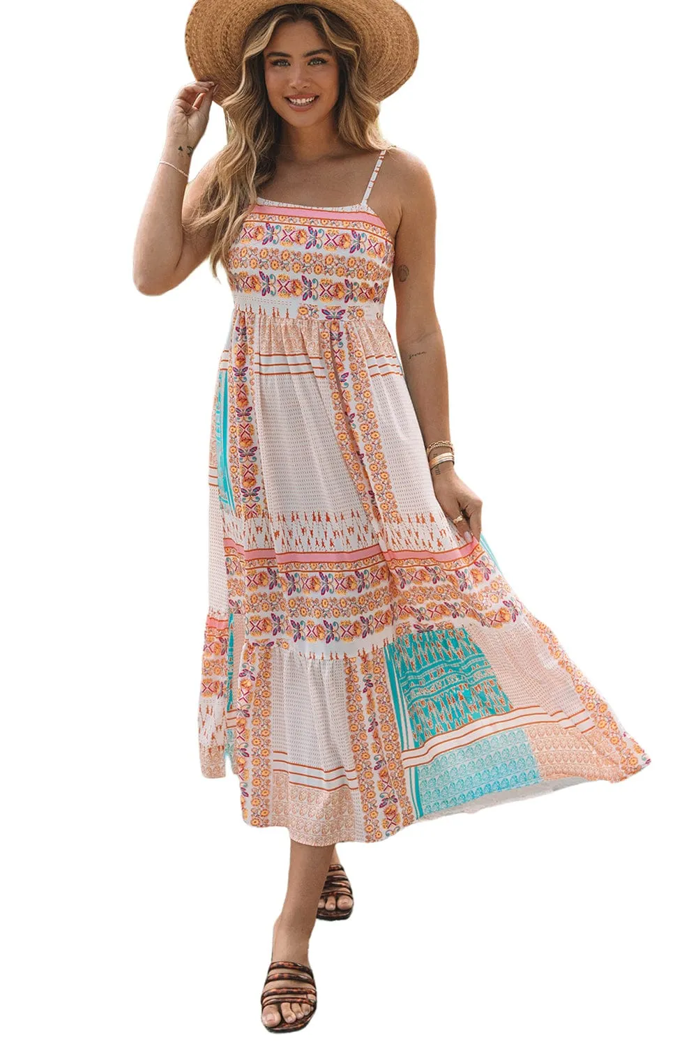 Bohemian Patchwork Print Maxi Sundress with Spaghetti Straps