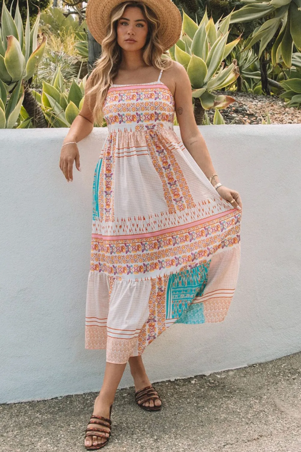 Bohemian Patchwork Print Maxi Sundress with Spaghetti Straps