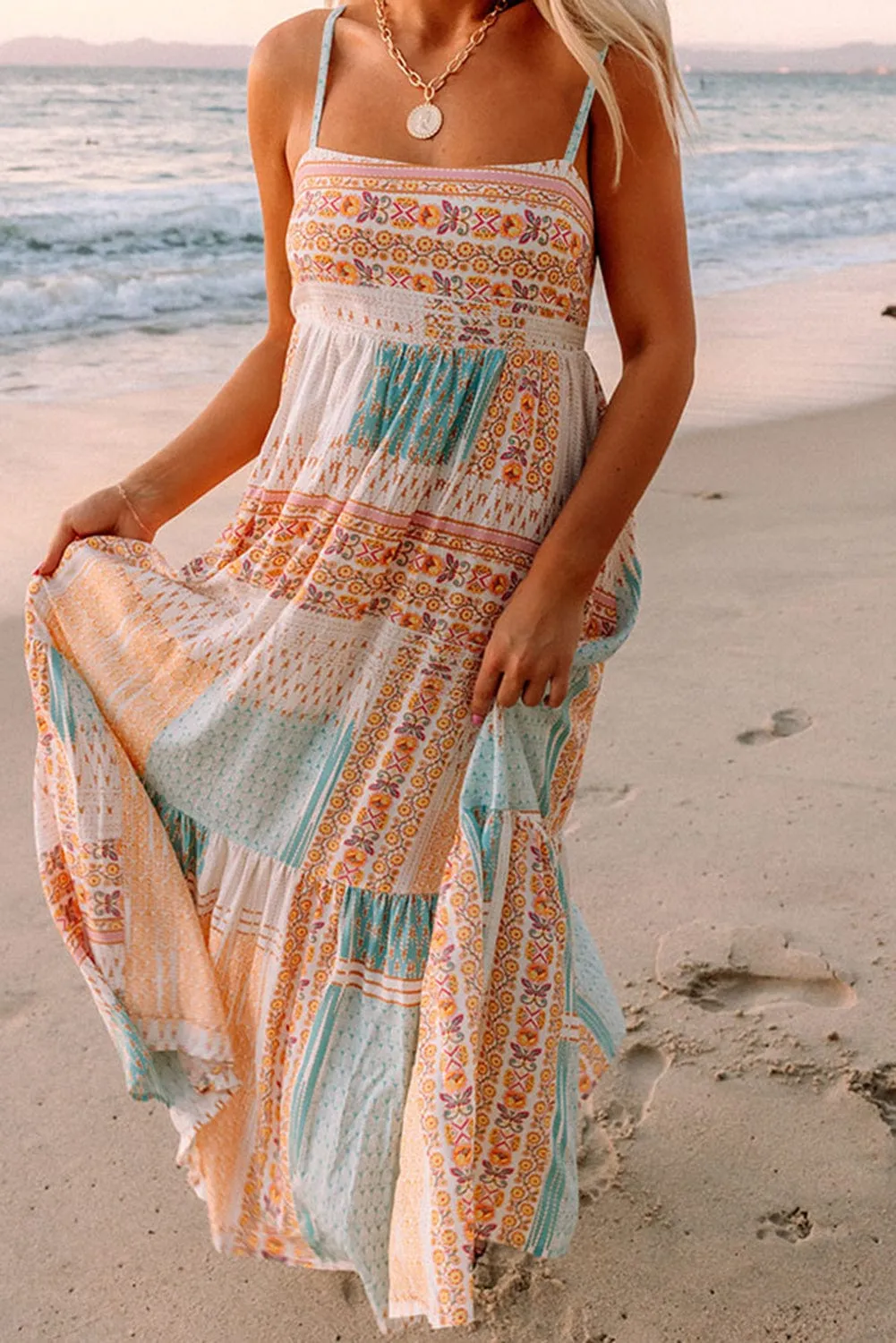 Bohemian Patchwork Print Maxi Sundress with Spaghetti Straps