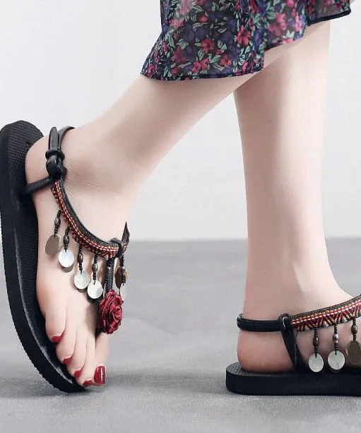 Bohemian Splicing Sequins Red Peep Toe Flat Sandals