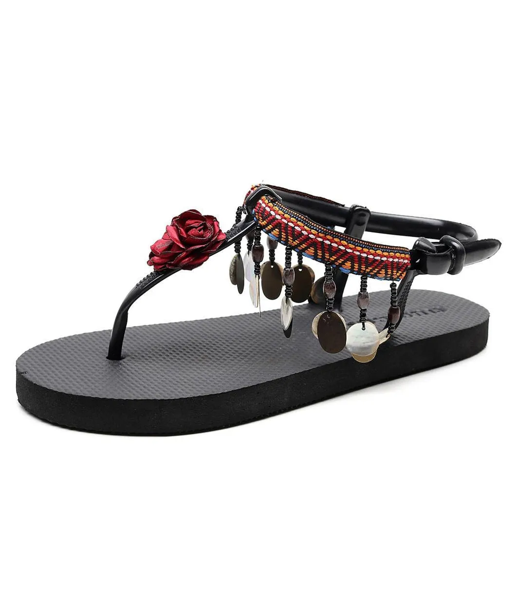 Bohemian Splicing Sequins Red Peep Toe Flat Sandals