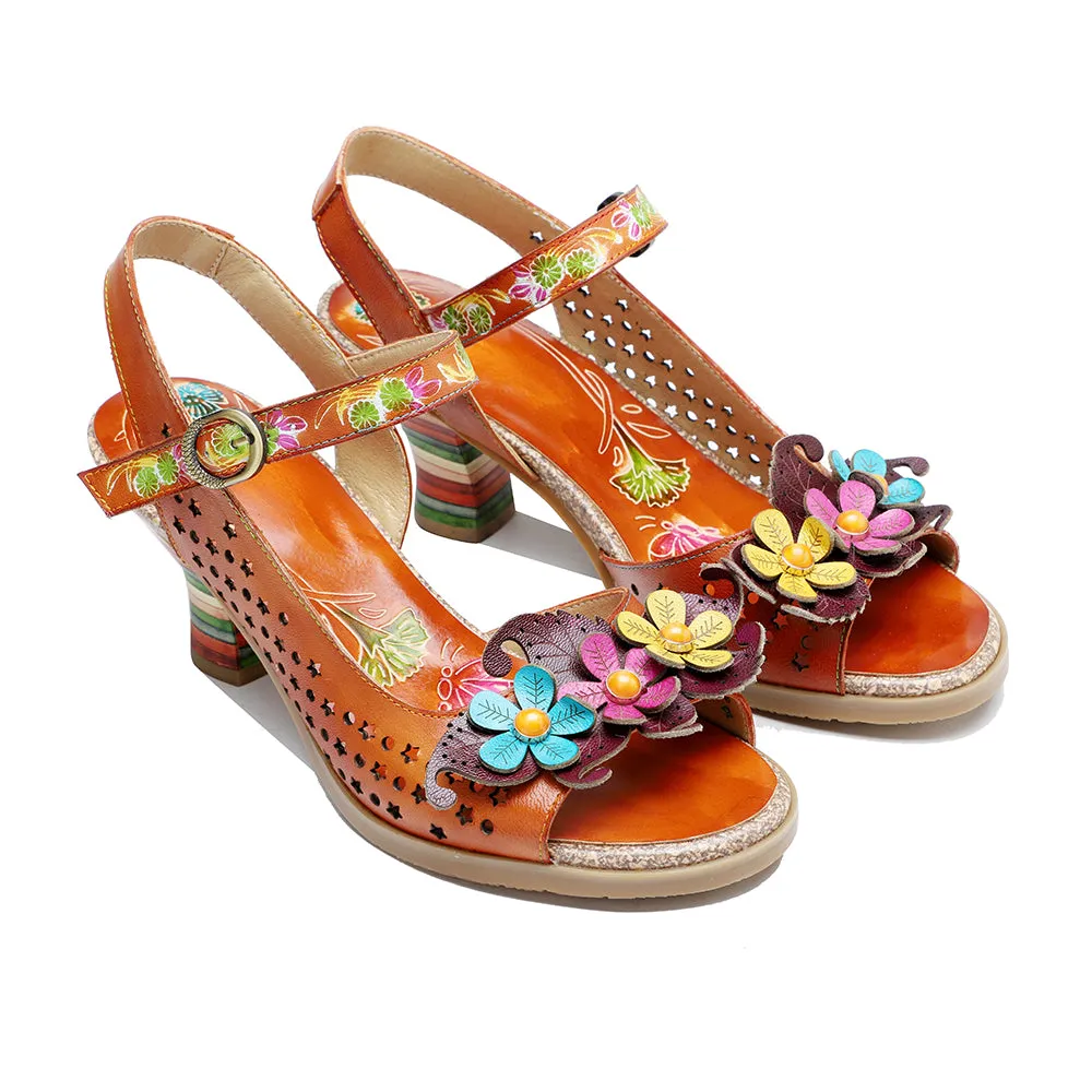 CrazycatZ Leather Block Heel Roman Sandals,Women Leather Bohemian Colorful Sandal 1011