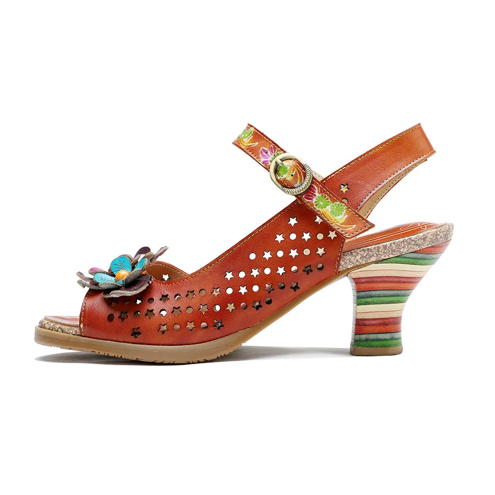 CrazycatZ Leather Block Heel Roman Sandals,Women Leather Bohemian Colorful Sandal 1011