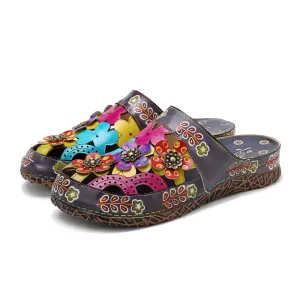 CrazycatZ Leather Clogs,Women Leather Bohemian Colorful Slide Sandal Mules 0903