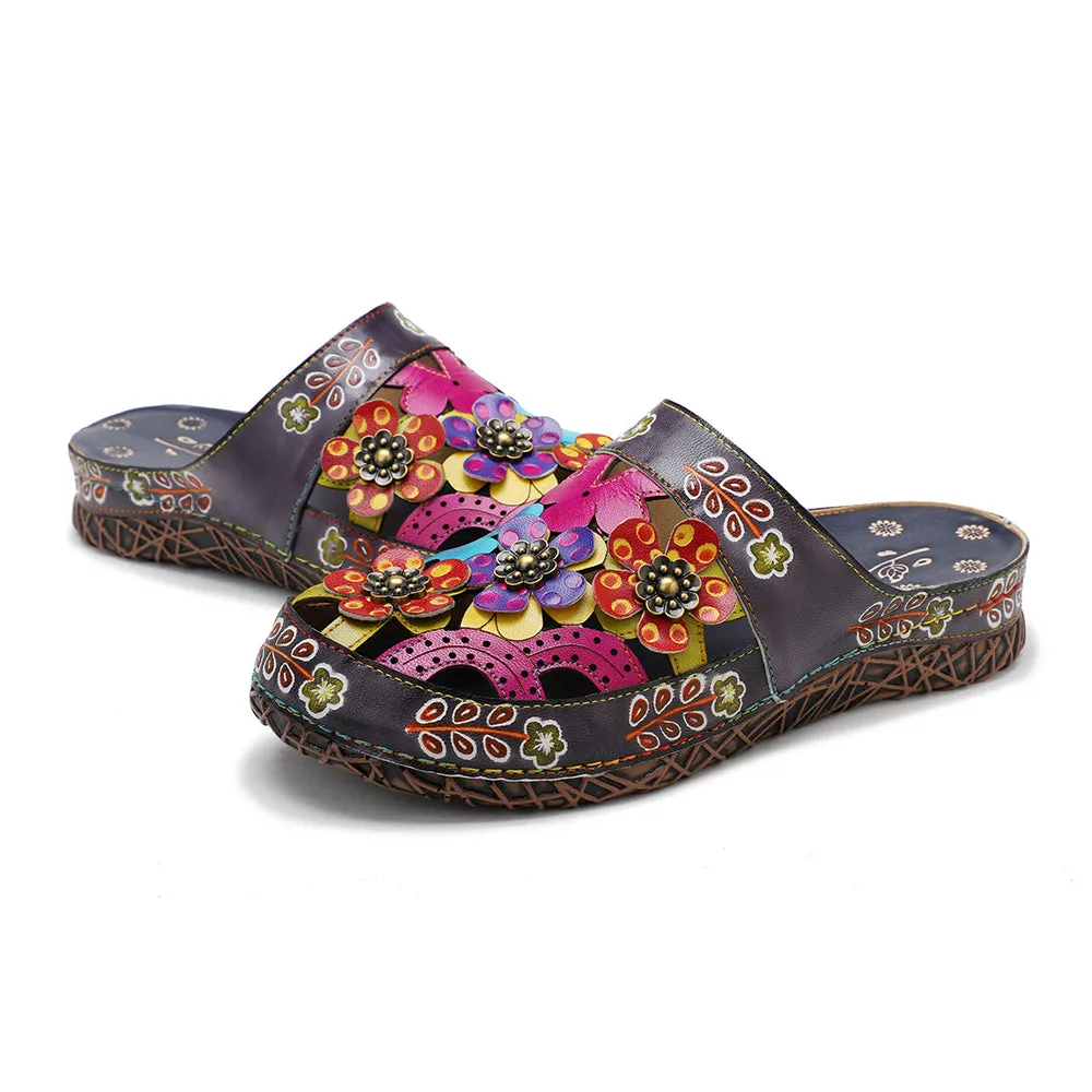 CrazycatZ Leather Clogs,Women Leather Bohemian Colorful Slide Sandal Mules 0903