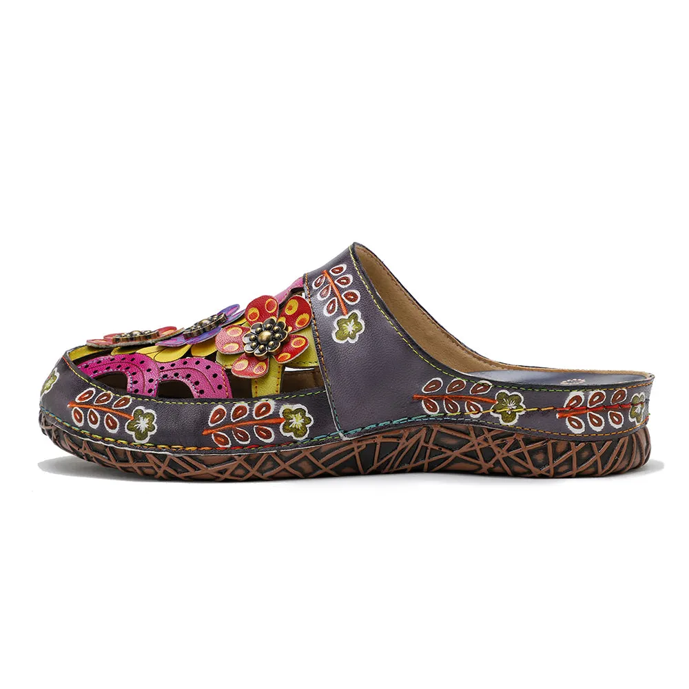 CrazycatZ Leather Clogs,Women Leather Bohemian Colorful Slide Sandal Mules 0903