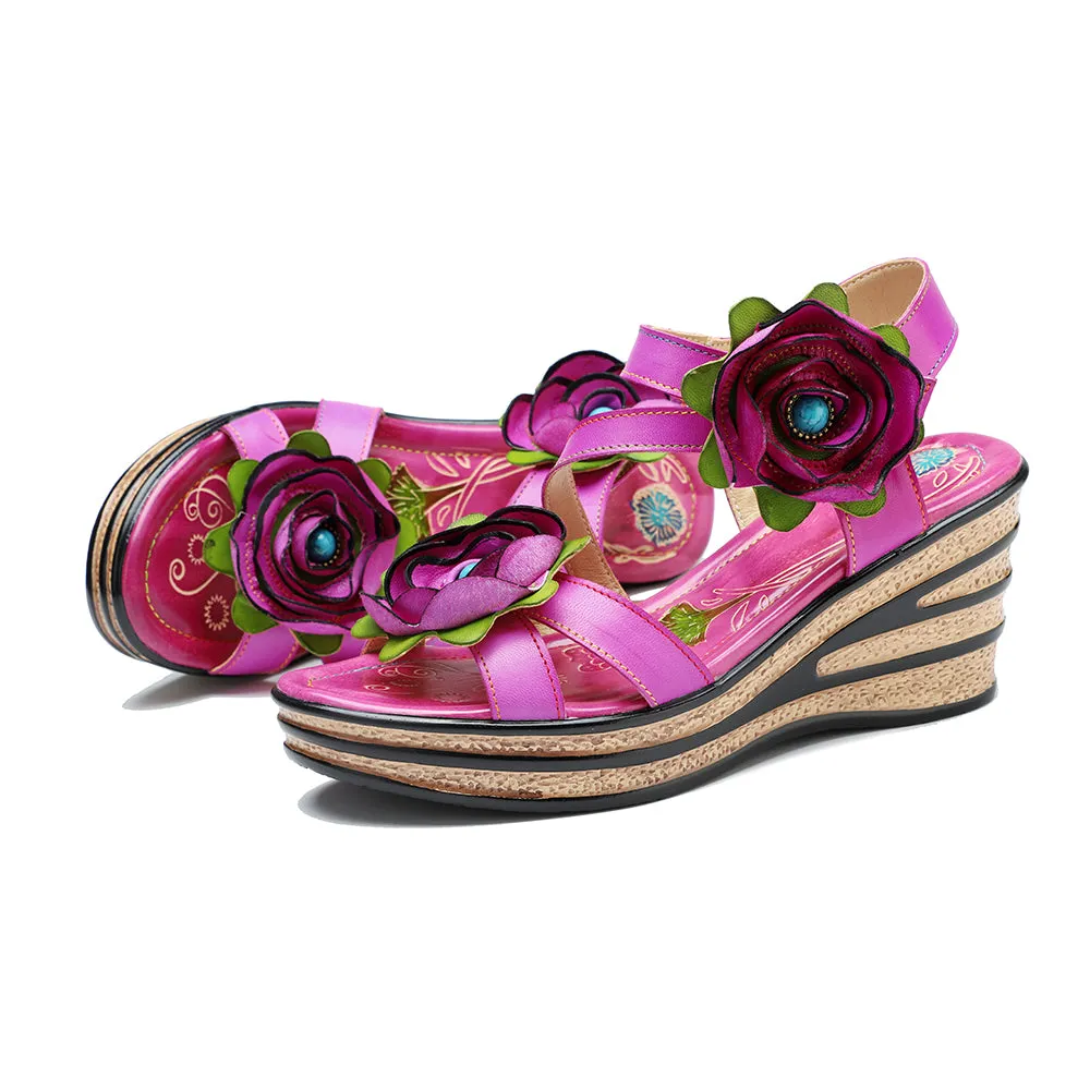 CrazycatZ Leather Wedged Roman Sandals,Women Leather Bohemian Colorful Floral Sandal 1004