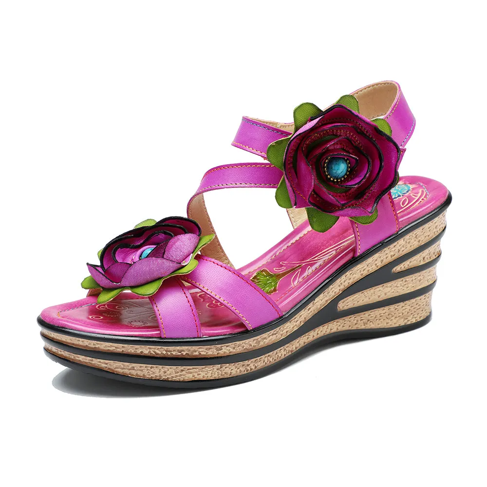 CrazycatZ Leather Wedged Roman Sandals,Women Leather Bohemian Colorful Floral Sandal 1004