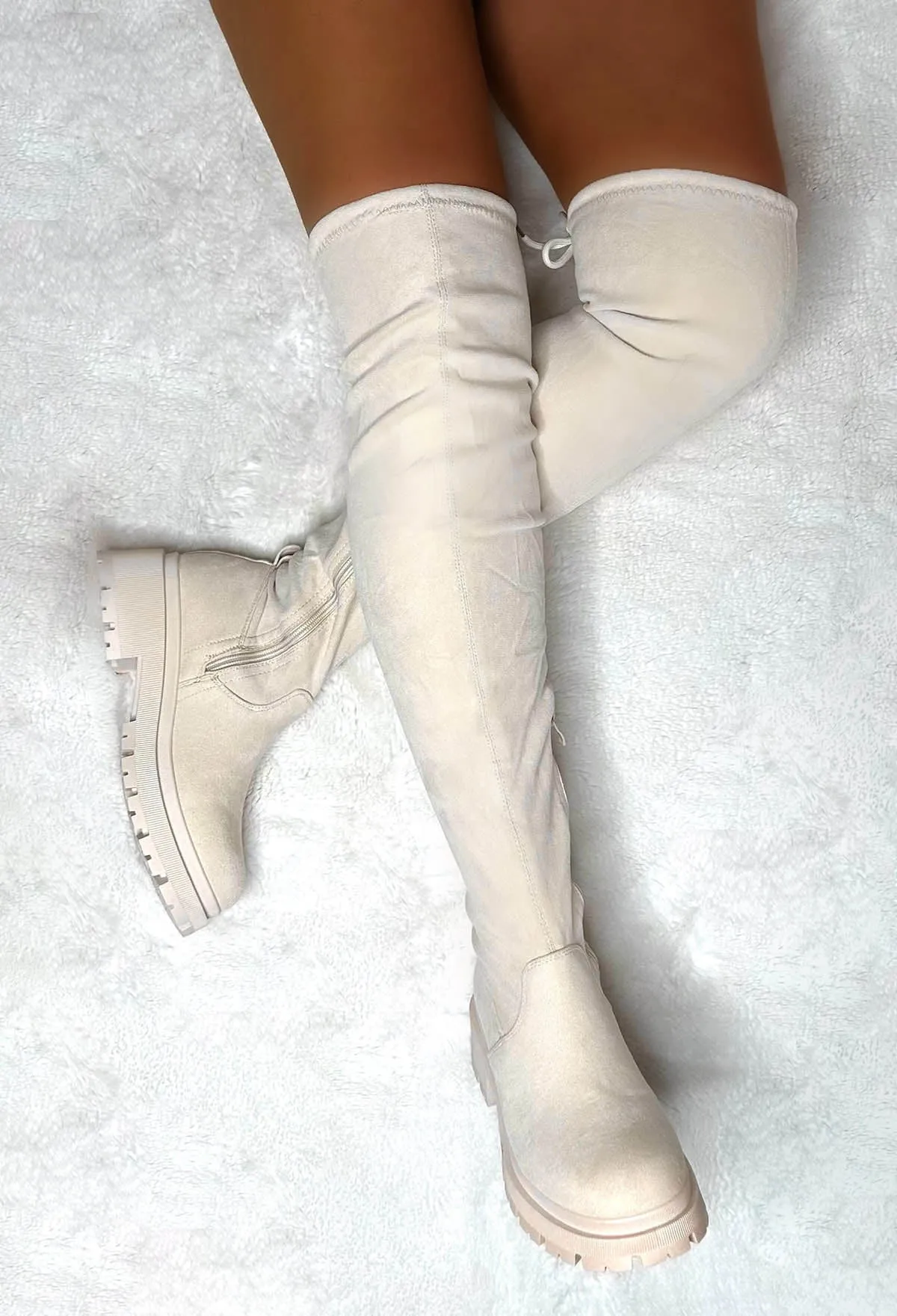 Cream Dream Cream Faux Suede Flat Over The Knee Boots Limited Edition