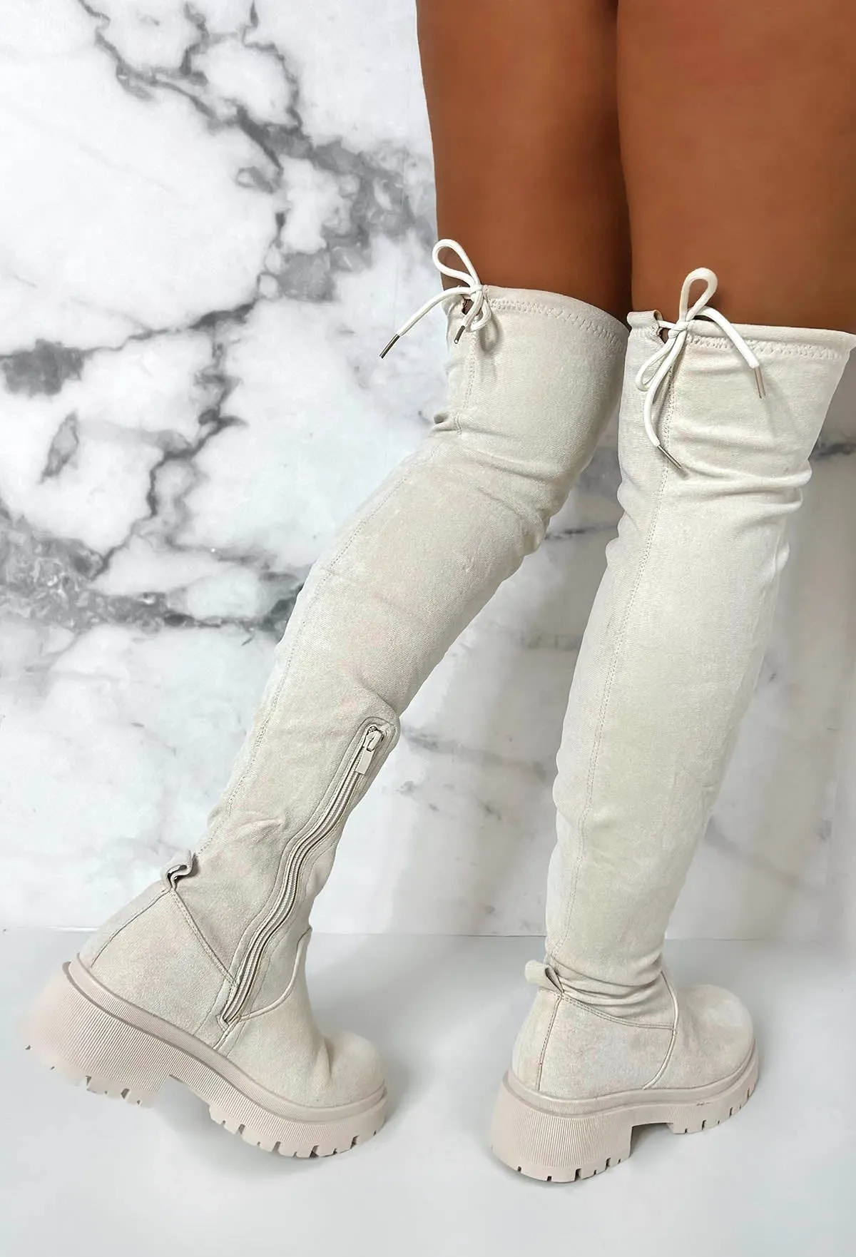 Cream Dream Cream Faux Suede Flat Over The Knee Boots Limited Edition