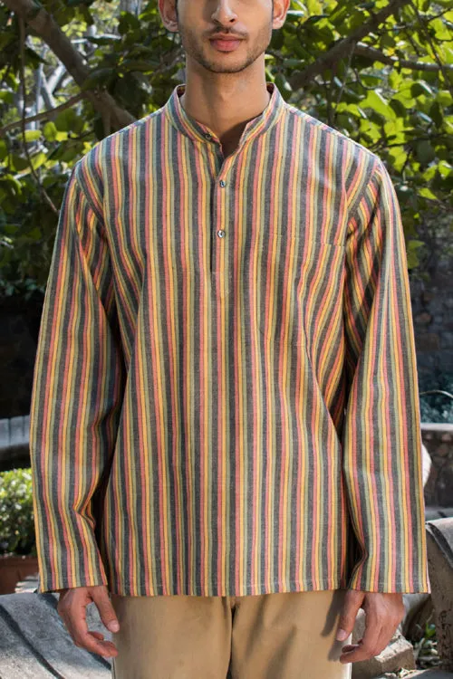 Dhaari Multi Color Striped Handwoven Full Sleeve Pure Cotton Short Kurta