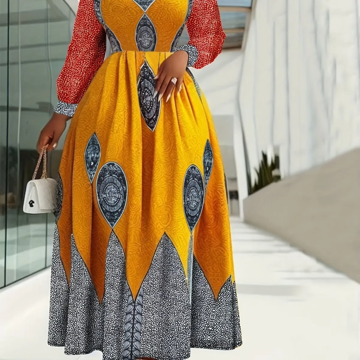 Elegant V-Neck Fit and Flare Maxi Dress with Pockets - Long Sleeve Printed Spandex Blend Dress