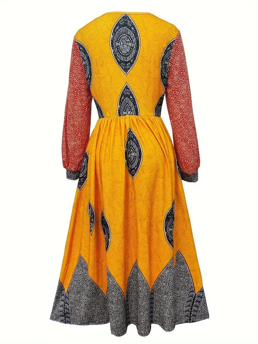 Elegant V-Neck Fit and Flare Maxi Dress with Pockets - Long Sleeve Printed Spandex Blend Dress