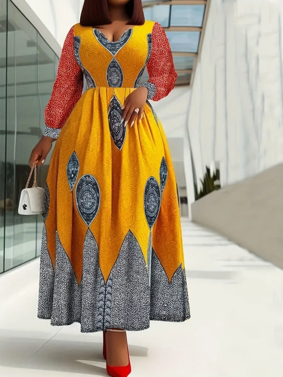 Elegant V-Neck Fit and Flare Maxi Dress with Pockets - Long Sleeve Printed Spandex Blend Dress