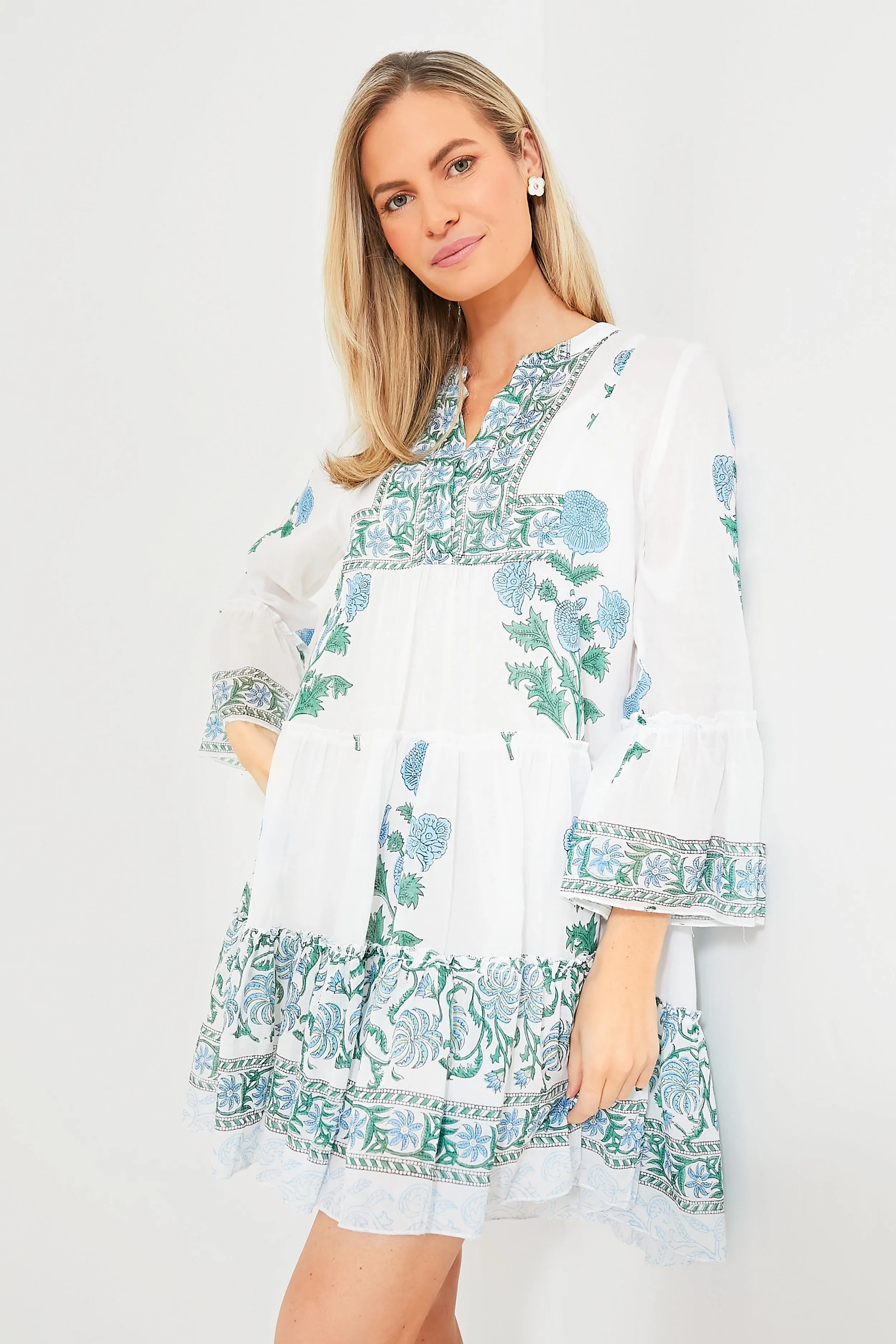 Exclusive White Poppy Flared Sleeve Dress