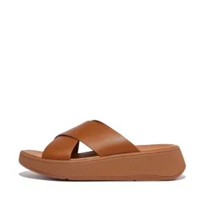 FitFlop F-Mode Leather Flatform Cross Slide Tan