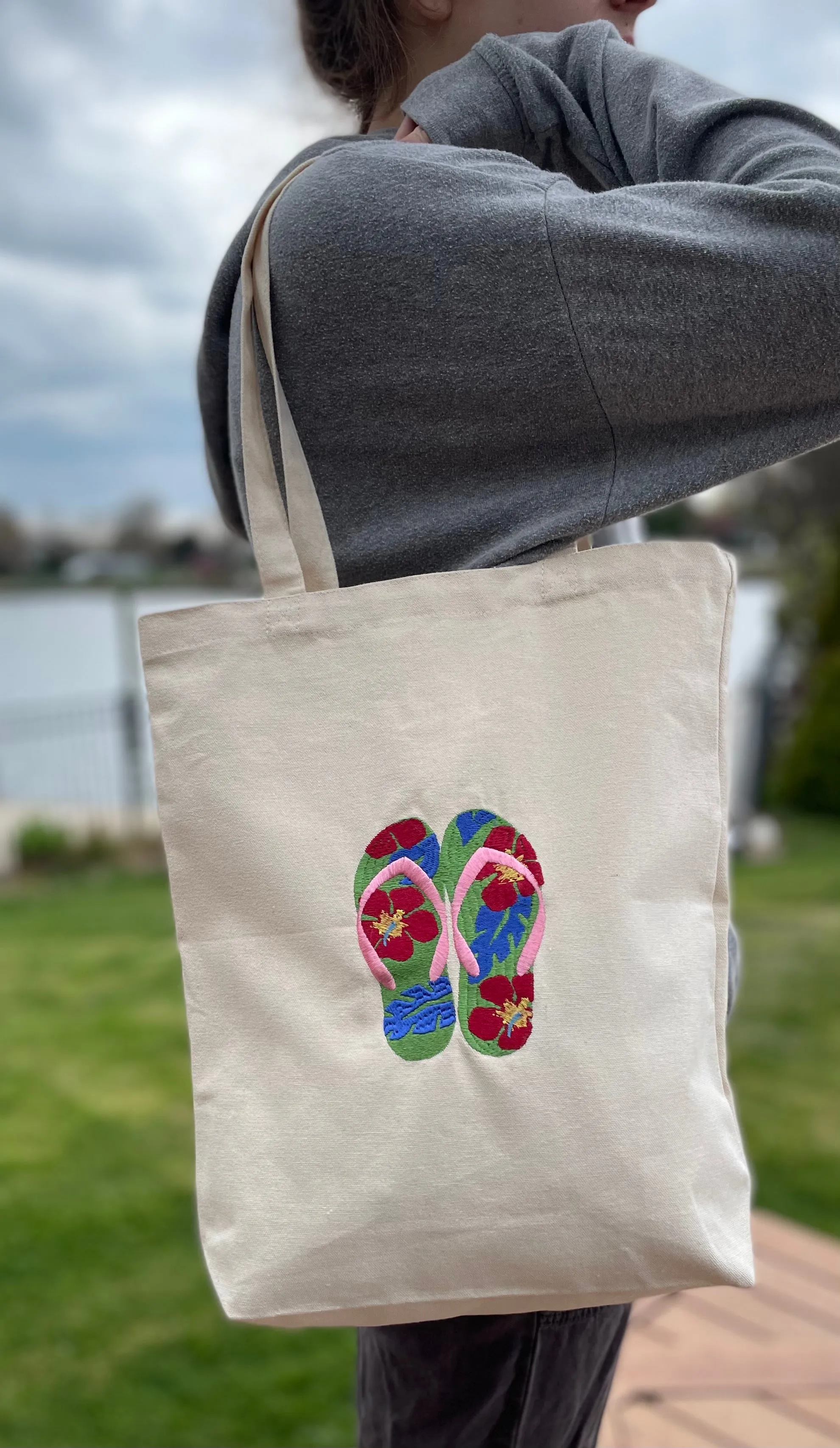 Flip Flops Embroidered Cotton Canvas Tote Bag