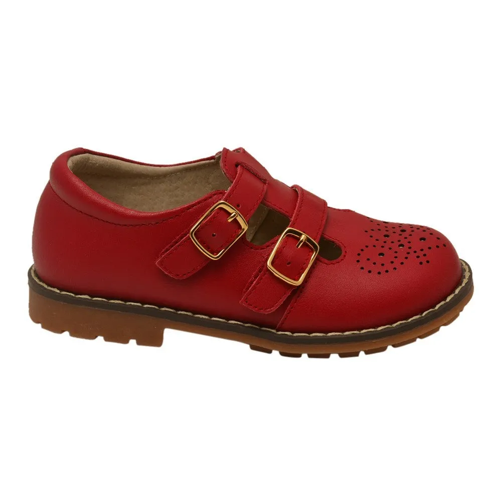 Girls Red Double T-Strap Buckled Stitch Down Leather Shoes 5 Toddler-2 Kids