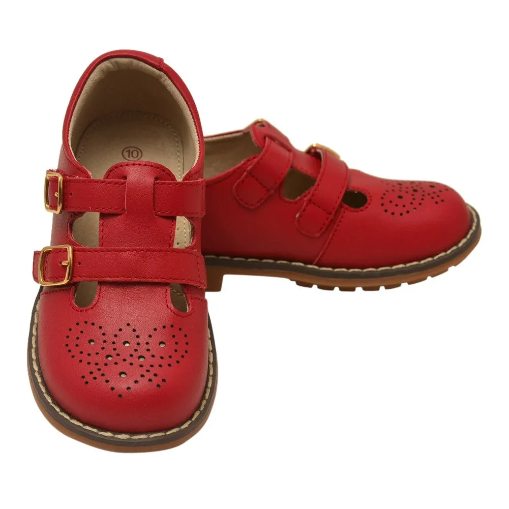 Girls Red Double T-Strap Buckled Stitch Down Leather Shoes 5 Toddler-2 Kids