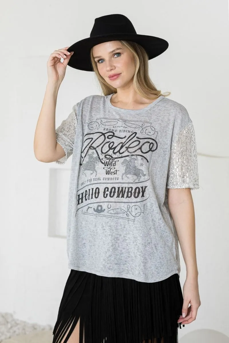 Gray RODEO Hello Cowboy Short Sleeve Top