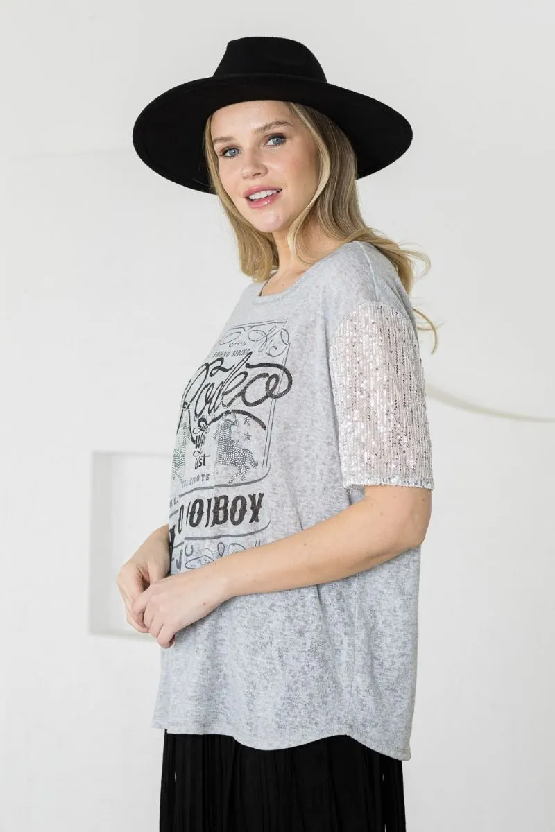 Gray RODEO Hello Cowboy Short Sleeve Top