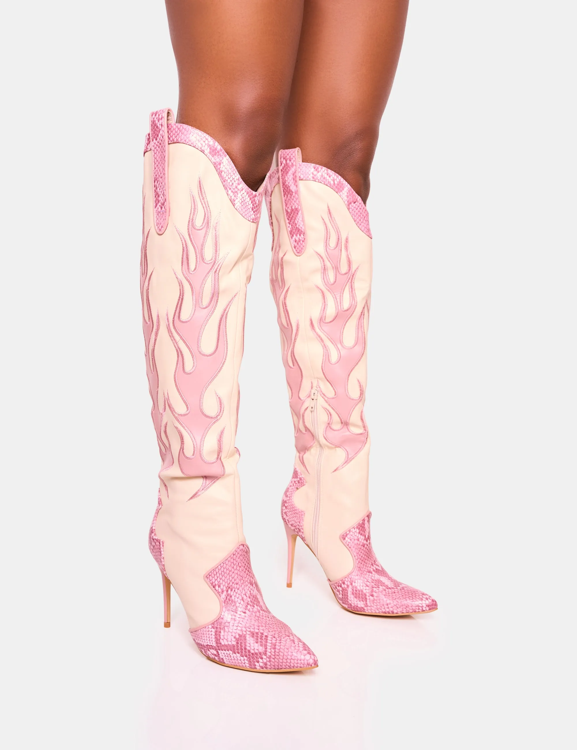 Jacksonville Pink Flame Motif Western Stiletto Heel Over the Knee Boot