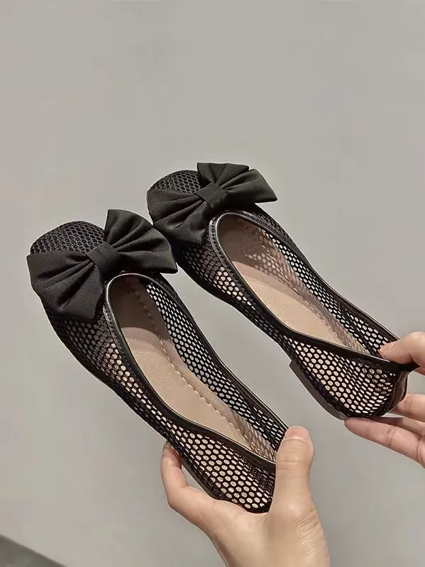 Joskaa Black Bow Cutout Ballet Flat Shoes