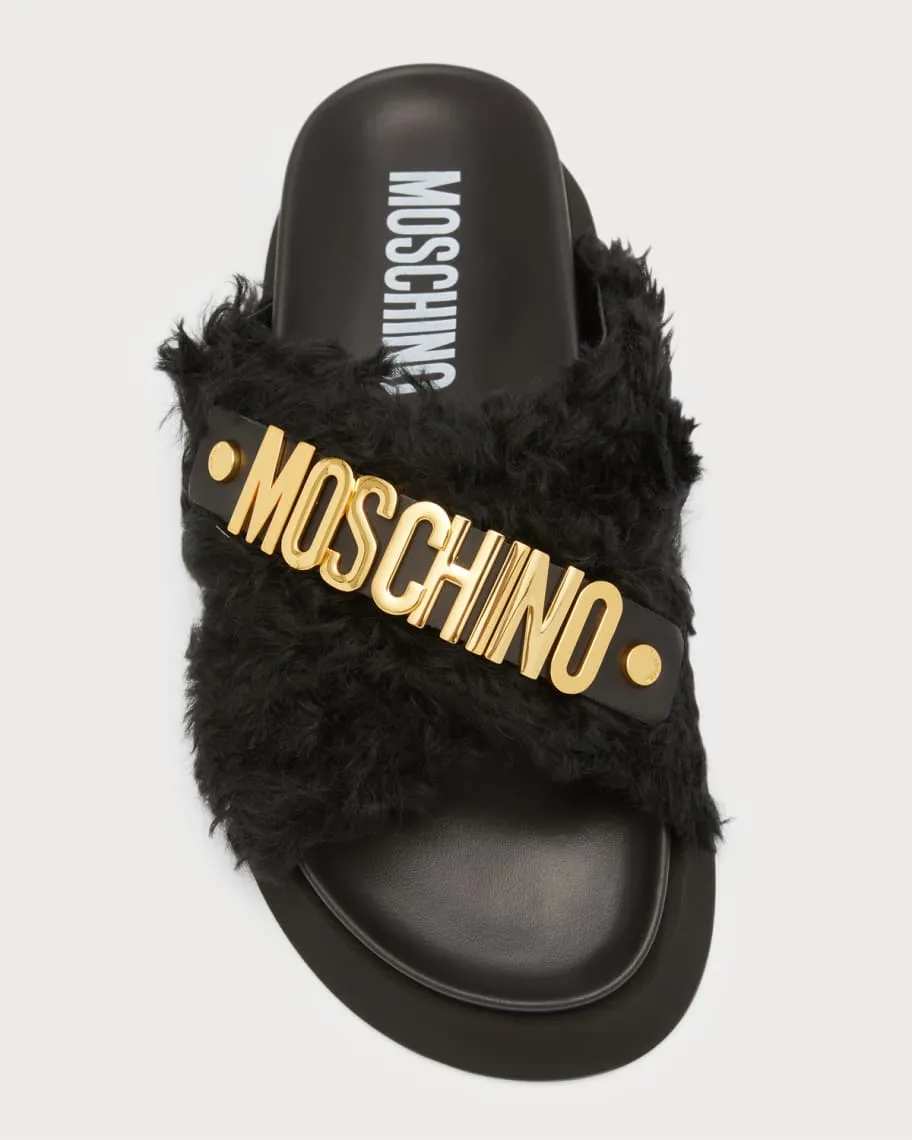 Men's Faux Fur Leather Slides with Moschino Logo