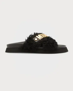 Men's Faux Fur Leather Slides with Moschino Logo