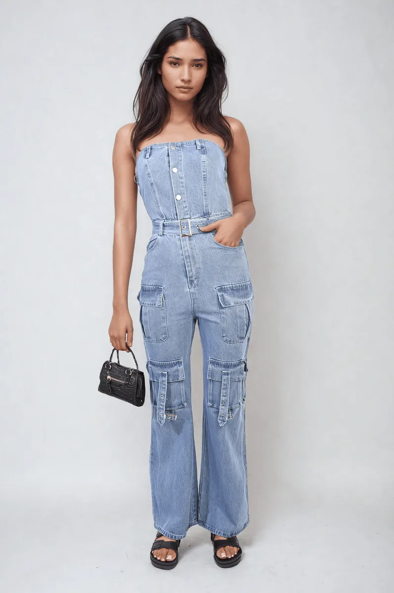 Multi Pockets Strapless Cargo Jumpsuit