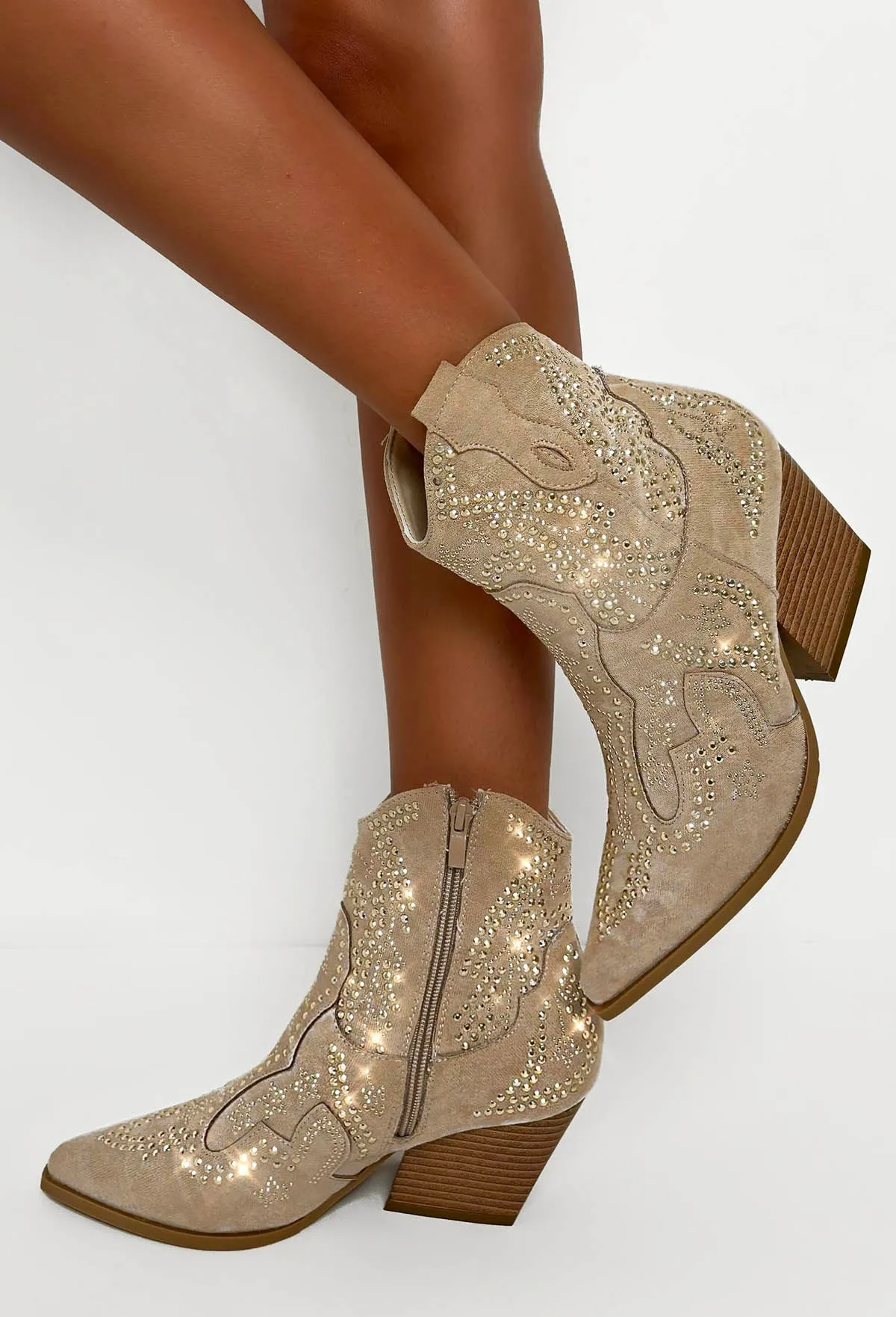 My Sweet Love Beige Diamante Stud Ankle Cowboy Boots