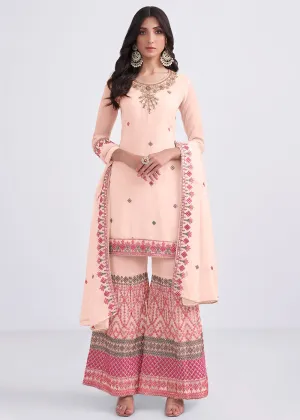 Peach Pink Designer Georgette Embroidered Suit By Qivii