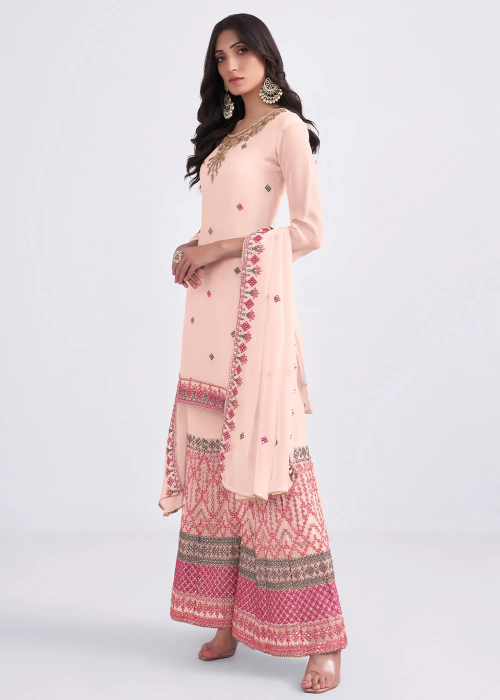 Peach Pink Designer Georgette Embroidered Suit By Qivii