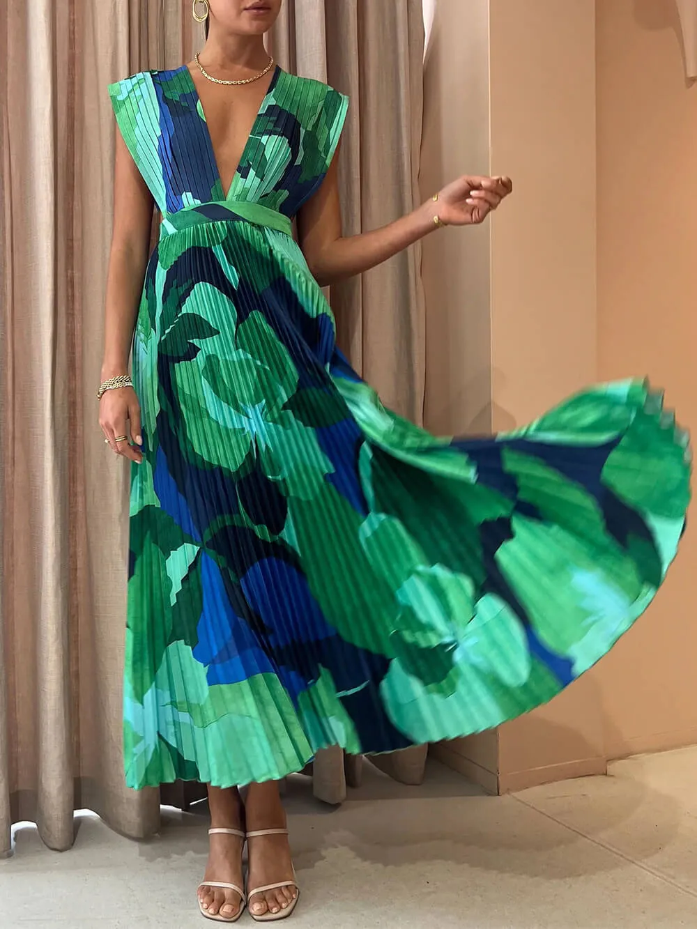 Pleated Sleeveless Lounge Dress Long Dress