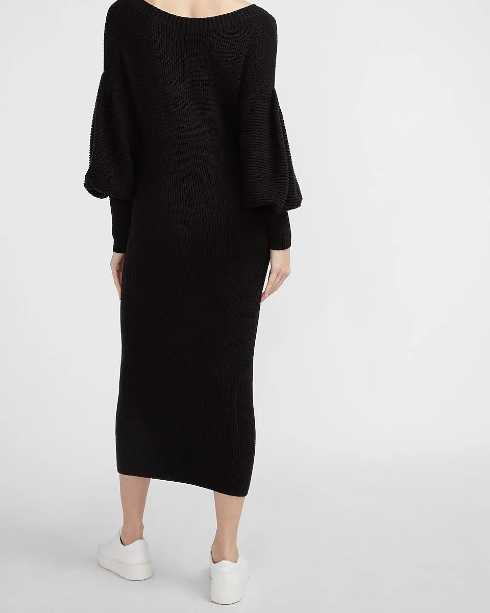 Ribbed Balloon Sleeve Sweater Dress in Pitch Black