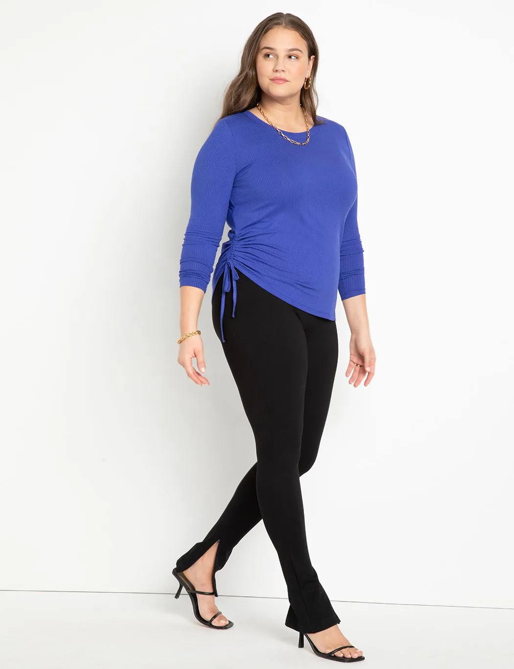 Ruched Side Long Sleeve Tee in Royal Blue