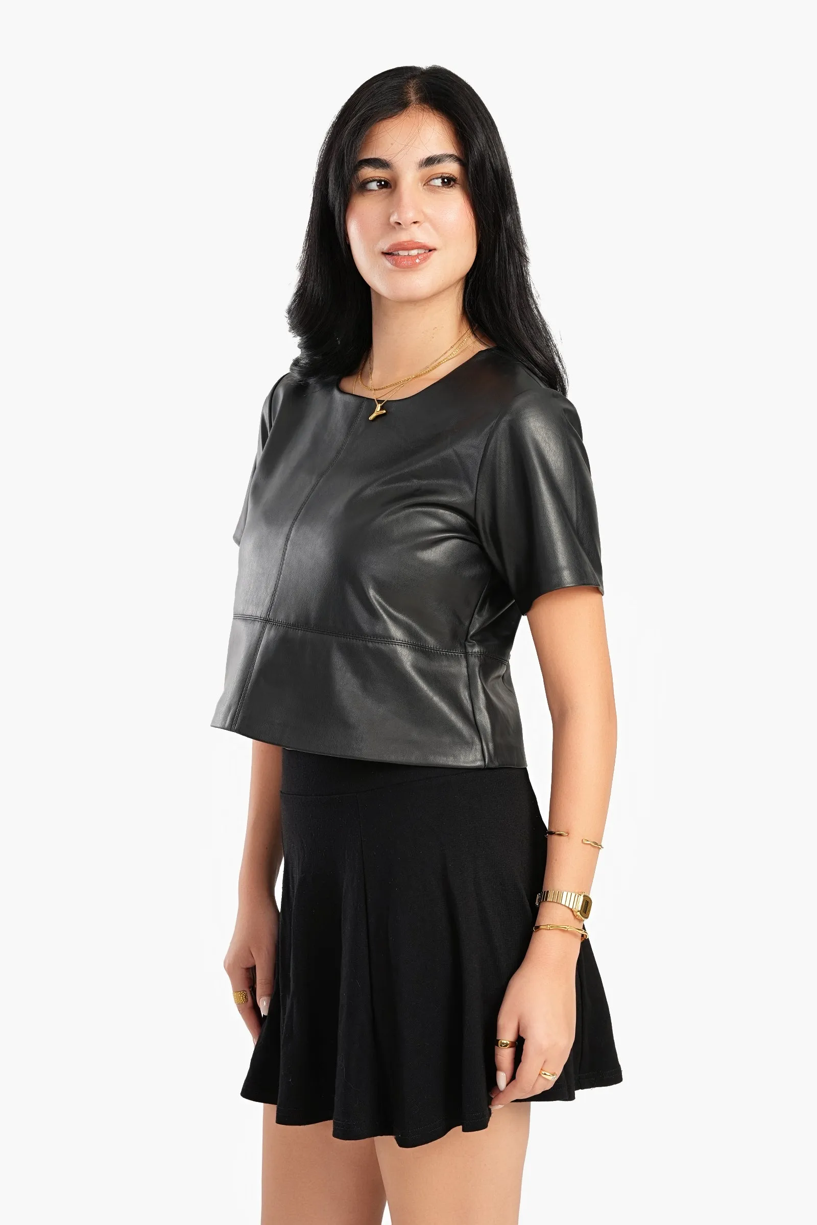 Short Sleeves Leather Top