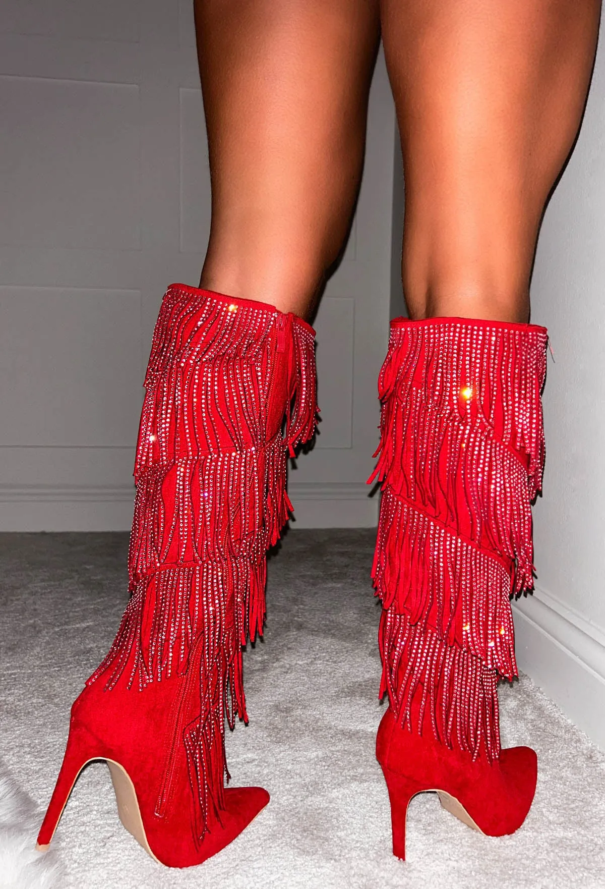 Steal The Spotlight Red Embellished Tassel Knee Length Boots