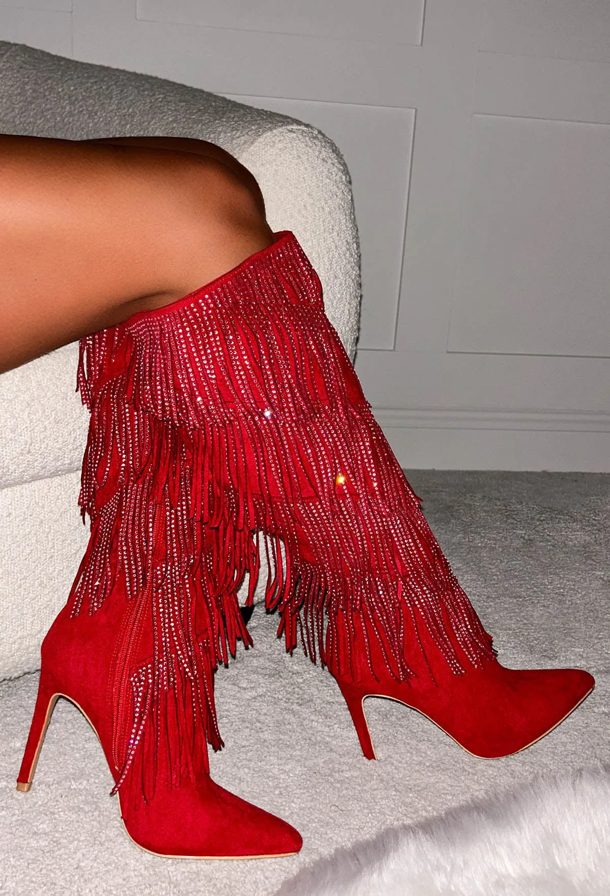 Steal The Spotlight Red Embellished Tassel Knee Length Boots